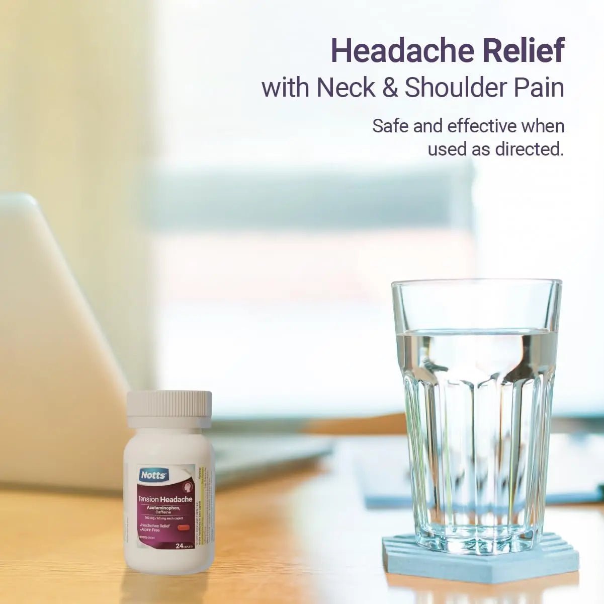 NOTTS Tension Headache Relief Without Aspirin for Head, Neck & Shoulder Pain - 100 Count, Acetaminophen 500 mg Caffeine 65 mg Caplets, for Aches Caused by Tension and Stress. Headache Relief caplets - TrustMedUSA