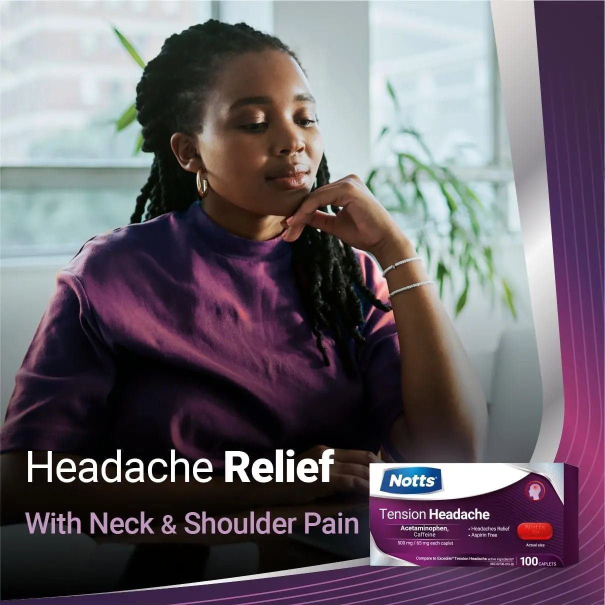NOTTS Tension Headache Relief Without Aspirin for Head, Neck & Shoulder Pain - 100 Count, Acetaminophen 500 mg Caffeine 65 mg Caplets, for Aches Caused by Tension and Stress. Headache Relief caplets - TrustMedUSA