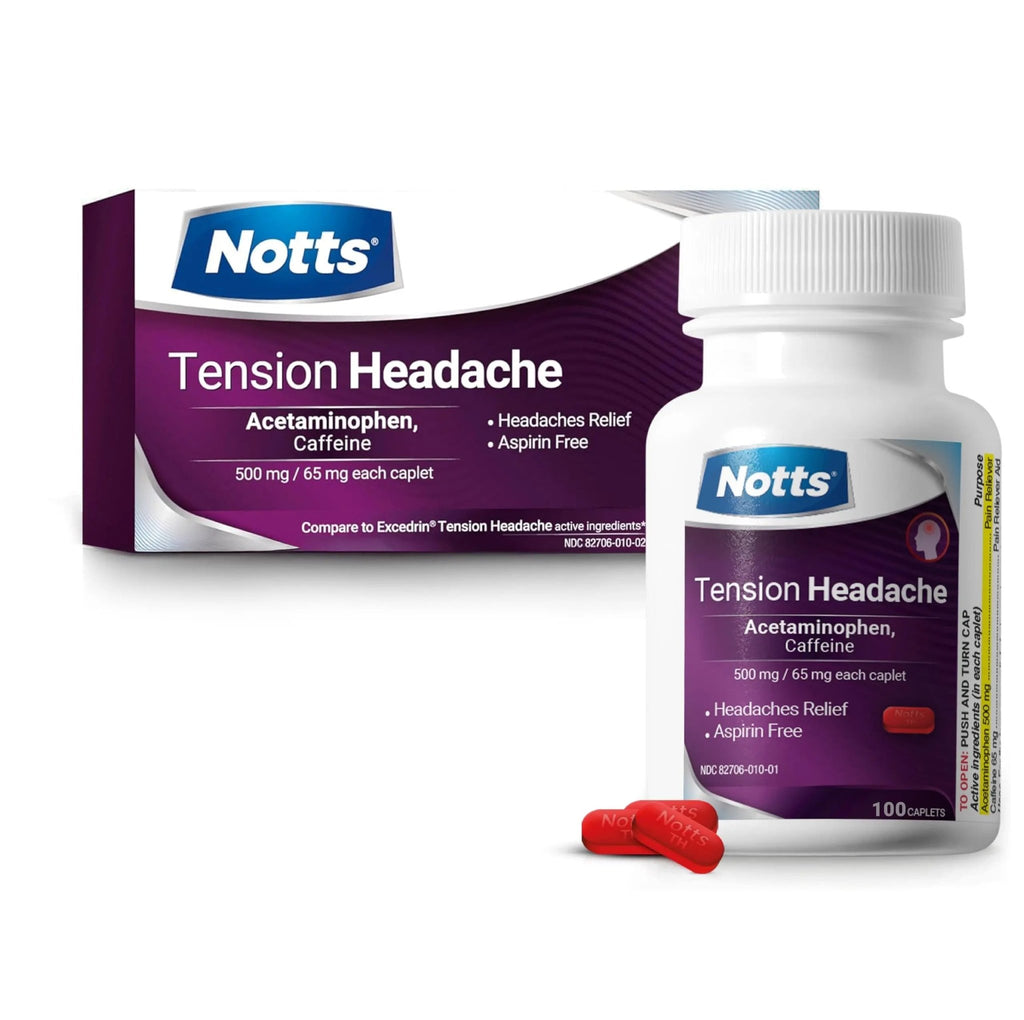 NOTTS Tension Headache Relief Without Aspirin for Head, Neck & Shoulder Pain - 100 Count, Acetaminophen 500 mg Caffeine 65 mg Caplets, for Aches Caused by Tension and Stress. Headache Relief caplets - TrustMedUSA