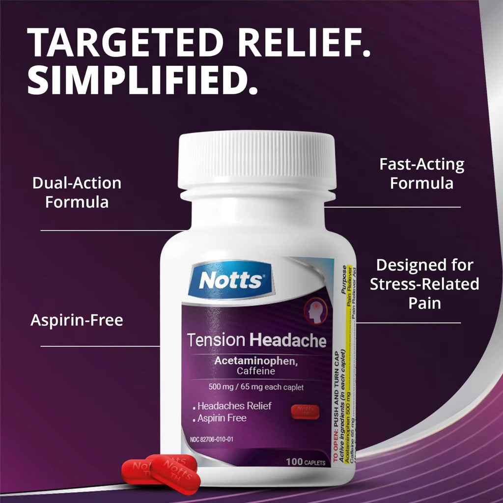 NOTTS Tension Headache Relief Without Aspirin for Head, Neck & Shoulder Pain - 100 Count, Acetaminophen 500 mg Caffeine 65 mg Caplets, for Aches Caused by Tension and Stress. Headache Relief caplets - TrustMedUSA