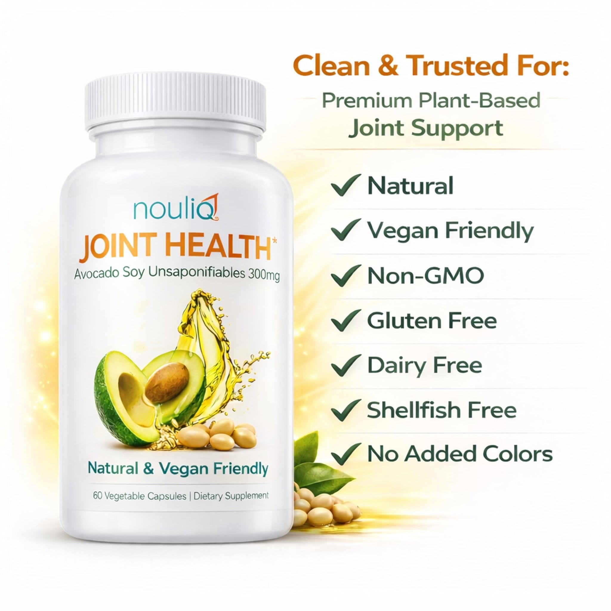 NOULIQ Natural & Vegan-Friendly Joint Health Supplement, Avocado Soy Unsaponifiables 300mg, Non-GMO, Free of Any Gluten, Artificial Colors or Flavors, Dairy and Shellfish, 60 Day Supply. - TrustMedUSA
