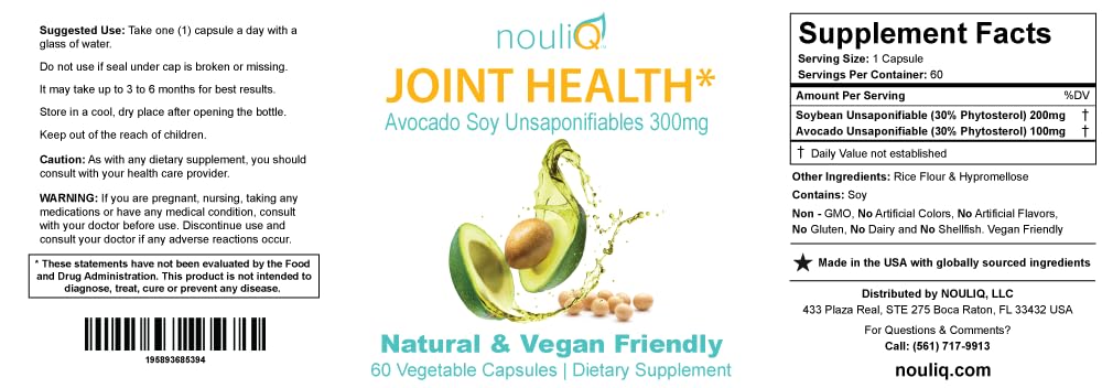 NOULIQ Natural & Vegan-Friendly Joint Health Supplement, Avocado Soy Unsaponifiables 300mg, Non-GMO, Free of Any Gluten, Artificial Colors or Flavors, Dairy and Shellfish, 60 Day Supply. - TrustMedUSA