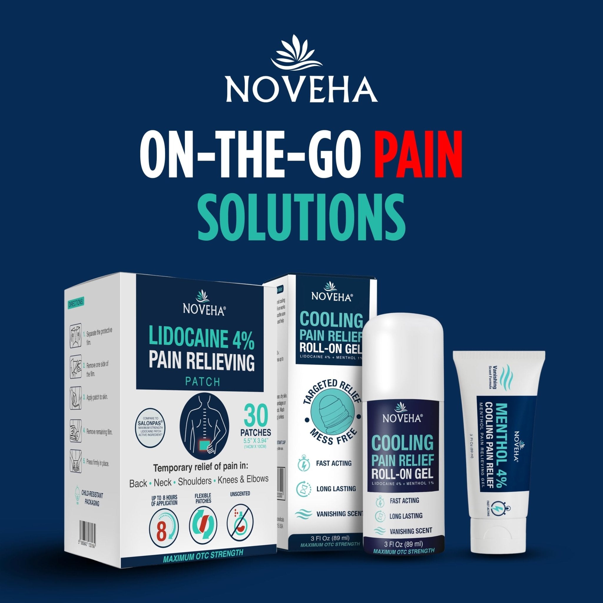 NOVEHA Lidocaine Roll-On Gel 4% | Maximum Strength Temporary Topical Pain Relief for Minor Muscle & Joint Aches | Cooling Formula with Menthol & Arnica | Non-Greasy, Quick-Drying | 2.5 fl oz - TrustMedUSA
