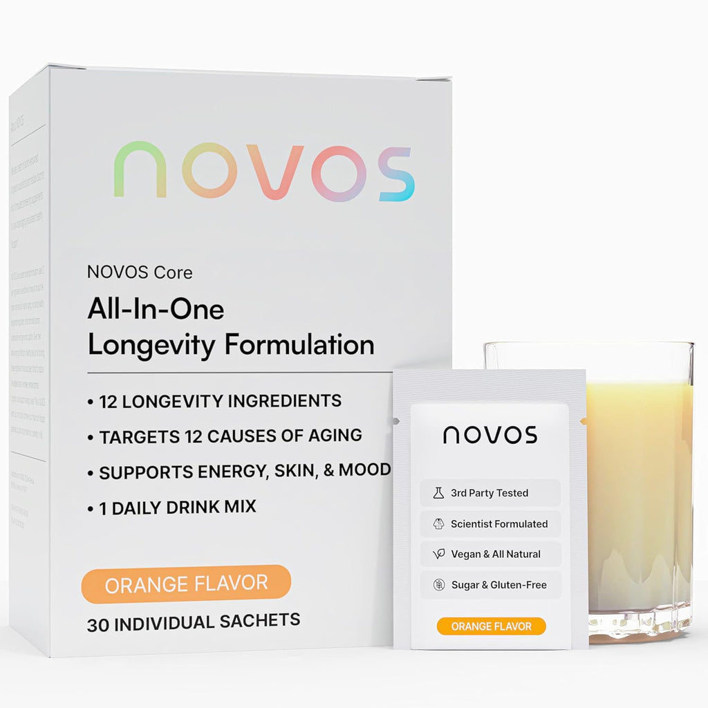 Novos Core Clinical Longevity Mix | Anti-Aging Supplement Drink Mix for Men & Women | Magnesium, L-Theanine, Fisetin and More | Supports Energy, Mood, Sleep & Cognition | Orange Flavor (30 Servings) - TrustMedUSA
