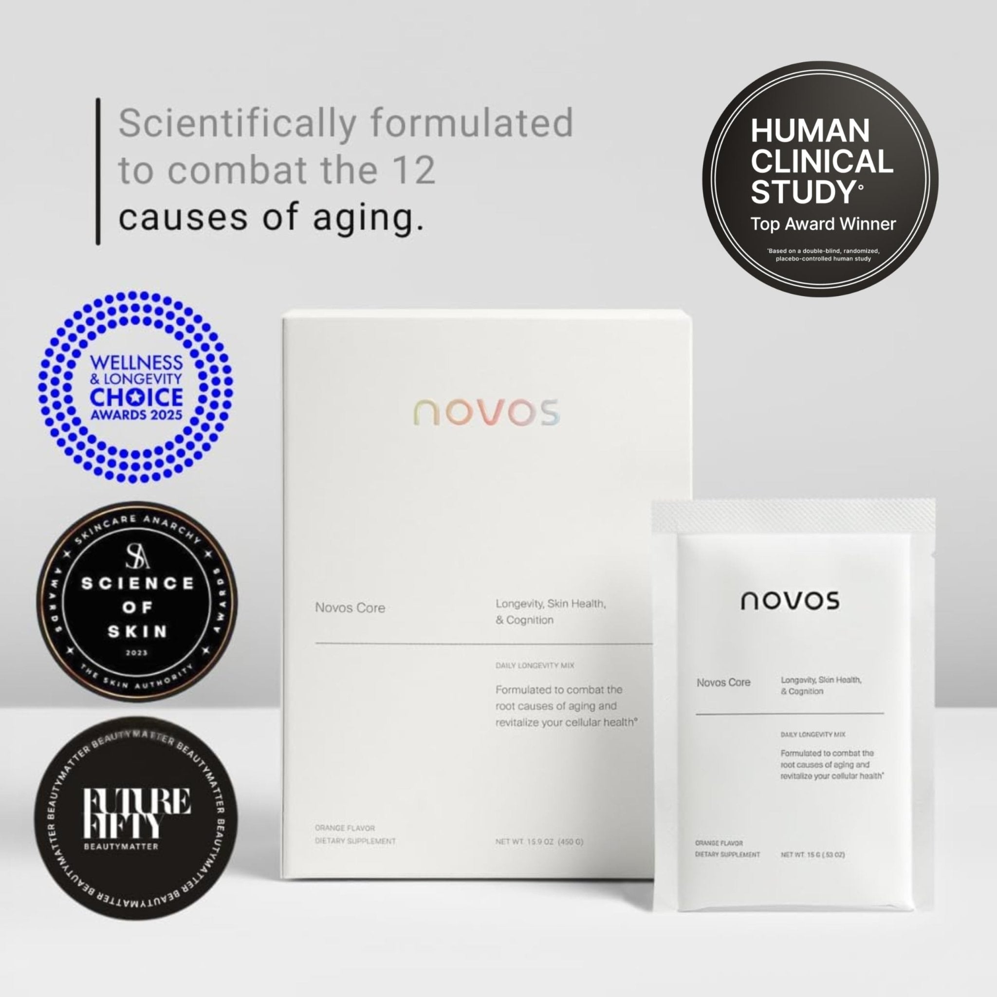 Novos Core Clinical Longevity Mix | Anti-Aging Supplement Drink Mix for Men & Women | Magnesium, L-Theanine, Fisetin and More | Supports Energy, Mood, Sleep & Cognition | Orange Flavor (30 Servings) - TrustMedUSA