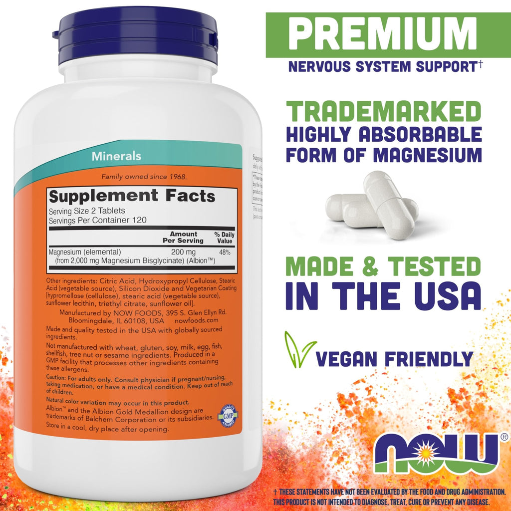 Now Foods Magnesium Glycinate, 240 Tablets - Supports Healthy Muscle and Nerve Functions - Non-GMO - TrustMedUSA