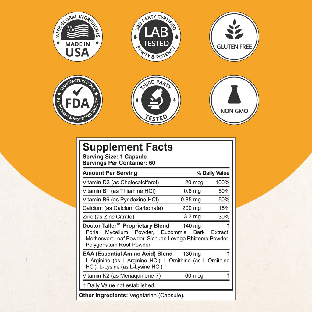 NuBest Doctor Taller - Bone Strength Supports, Enhance Immune System - Keto with Calcium, Vitamin D3, Vitamin K2, Amino Acids & Herbs for Children (8+) - 60 Vegan Capsules | 1 Month Supply - TrustMedUSA