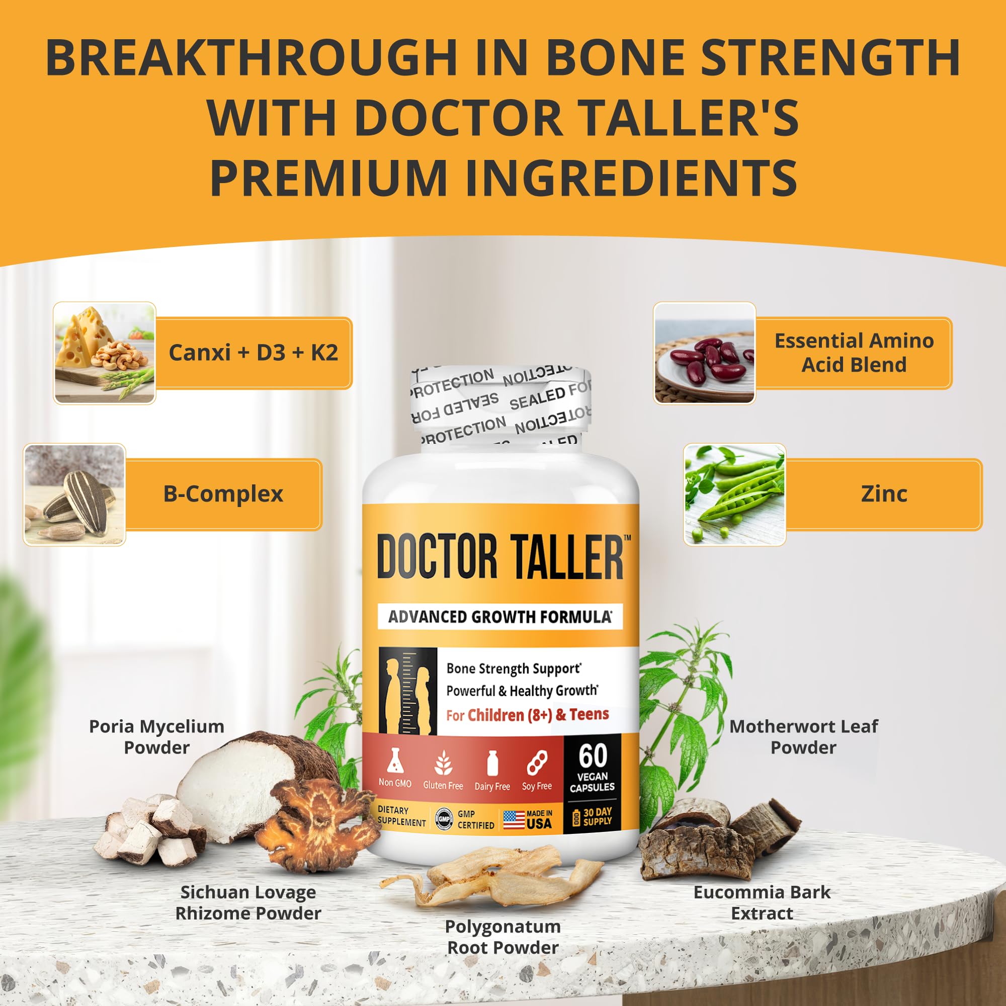 NuBest Doctor Taller - Bone Strength Supports, Enhance Immune System - Keto with Calcium, Vitamin D3, Vitamin K2, Amino Acids & Herbs for Children (8+) - 60 Vegan Capsules | 1 Month Supply - TrustMedUSA