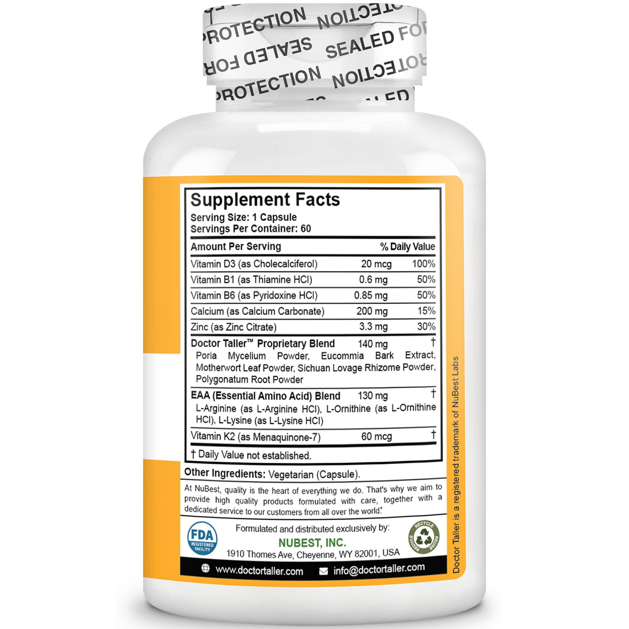NuBest Doctor Taller - Bone Strength Supports, Enhance Immune System - Keto with Calcium, Vitamin D3, Vitamin K2, Amino Acids & Herbs for Children (8+) - 60 Vegan Capsules | 1 Month Supply - TrustMedUSA