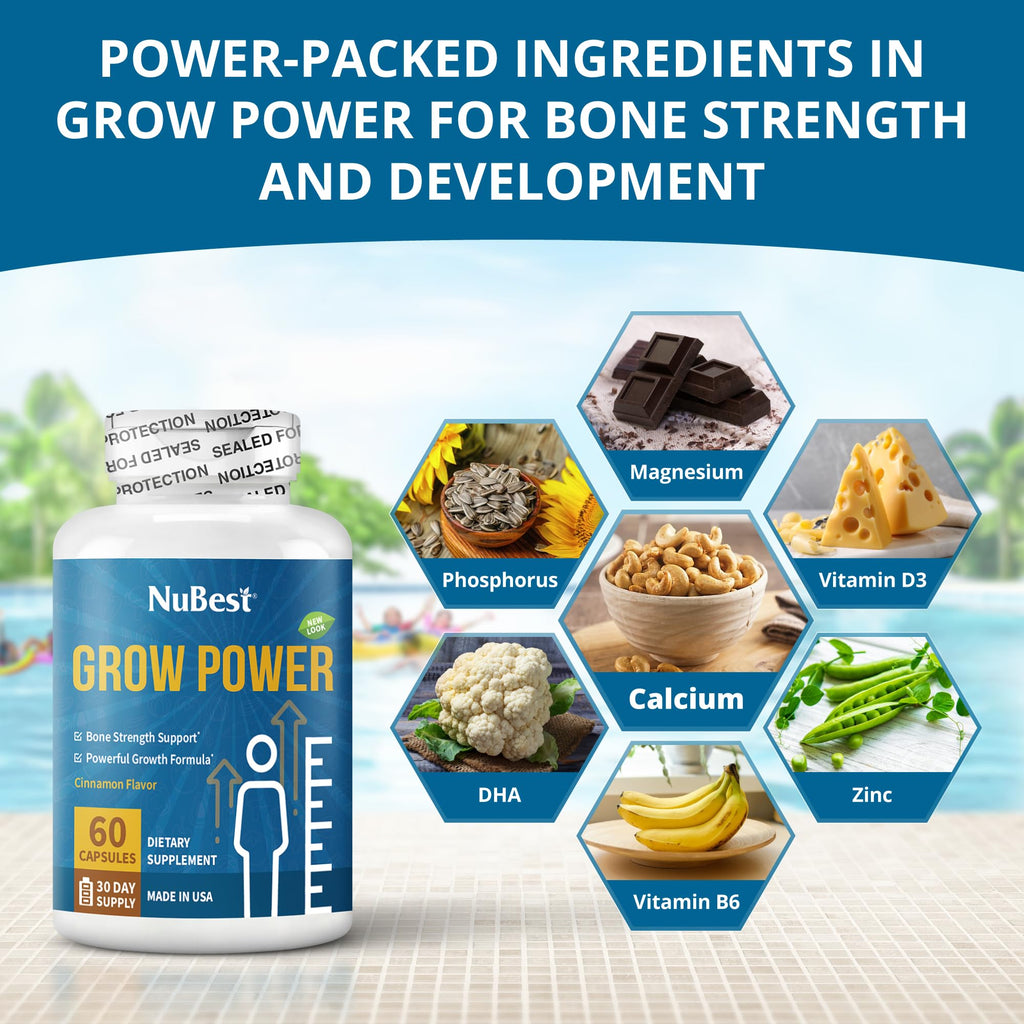 NuBest Grow Power - Calcium Supplement, Magnesium Supplement with Vitamin D3, B6, Zinc, Phosphorus and Multivitamin for Strong Bones, Overall Health for Age 10+ | 60 Capsules | 1 Month Supply - TrustMedUSA