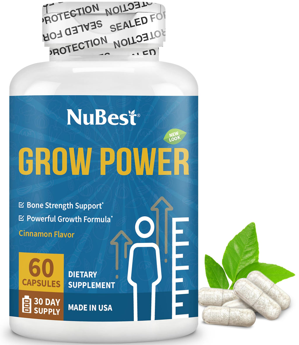 NuBest Grow Power - Calcium Supplement, Magnesium Supplement with Vitamin D3, B6, Zinc, Phosphorus and Multivitamin for Strong Bones, Overall Health for Age 10+ | 60 Capsules | 1 Month Supply - TrustMedUSA