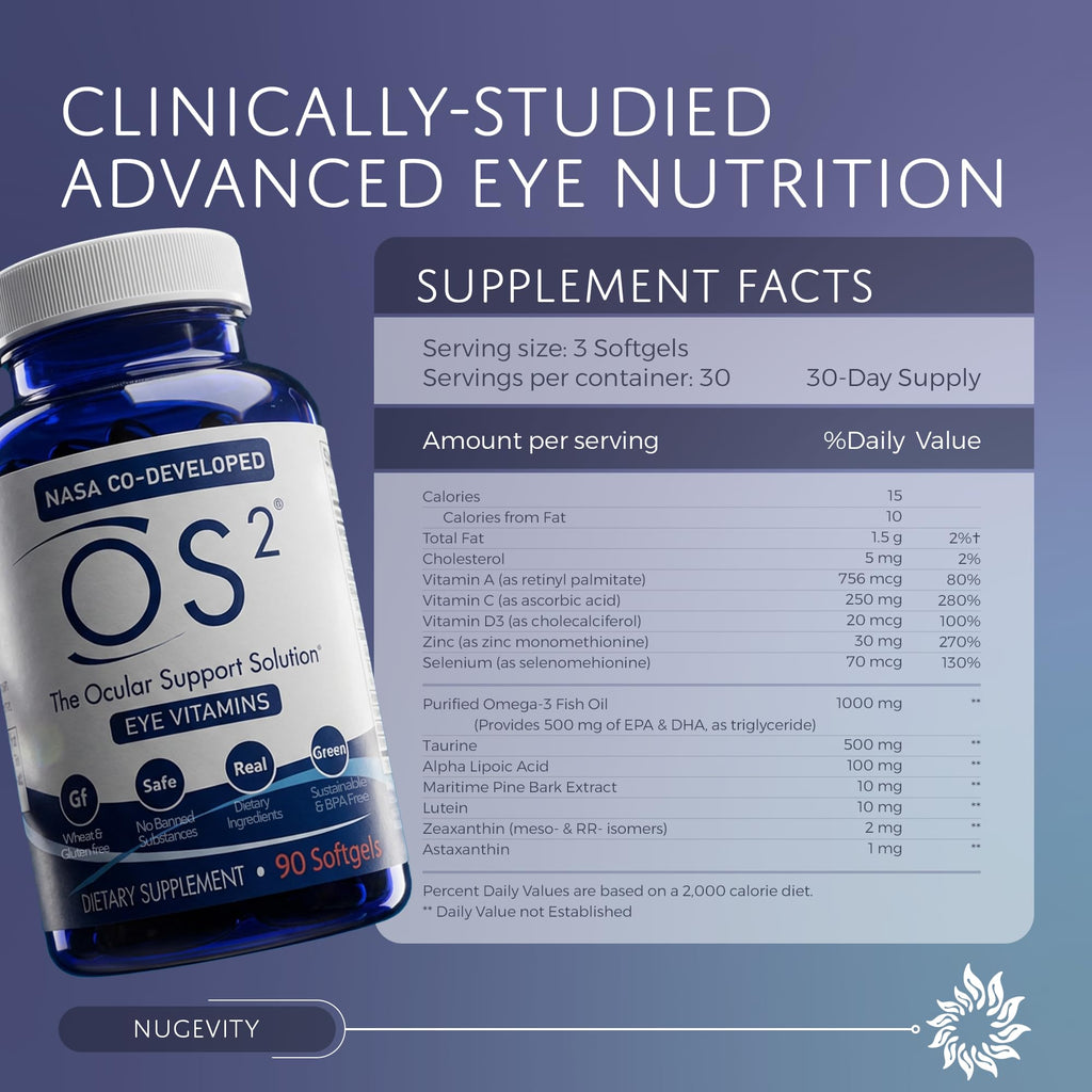 Nugevity OS2 Ocular Support Solution - Patented Eye Vitamins for Macular Health, Dry Eye and Blue Light - Lutein, Zeaxanthin, Omega 3, Astaxanthin and AREDS2 Supplements, Co-Developed by NASA, 90 ct - TrustMedUSA
