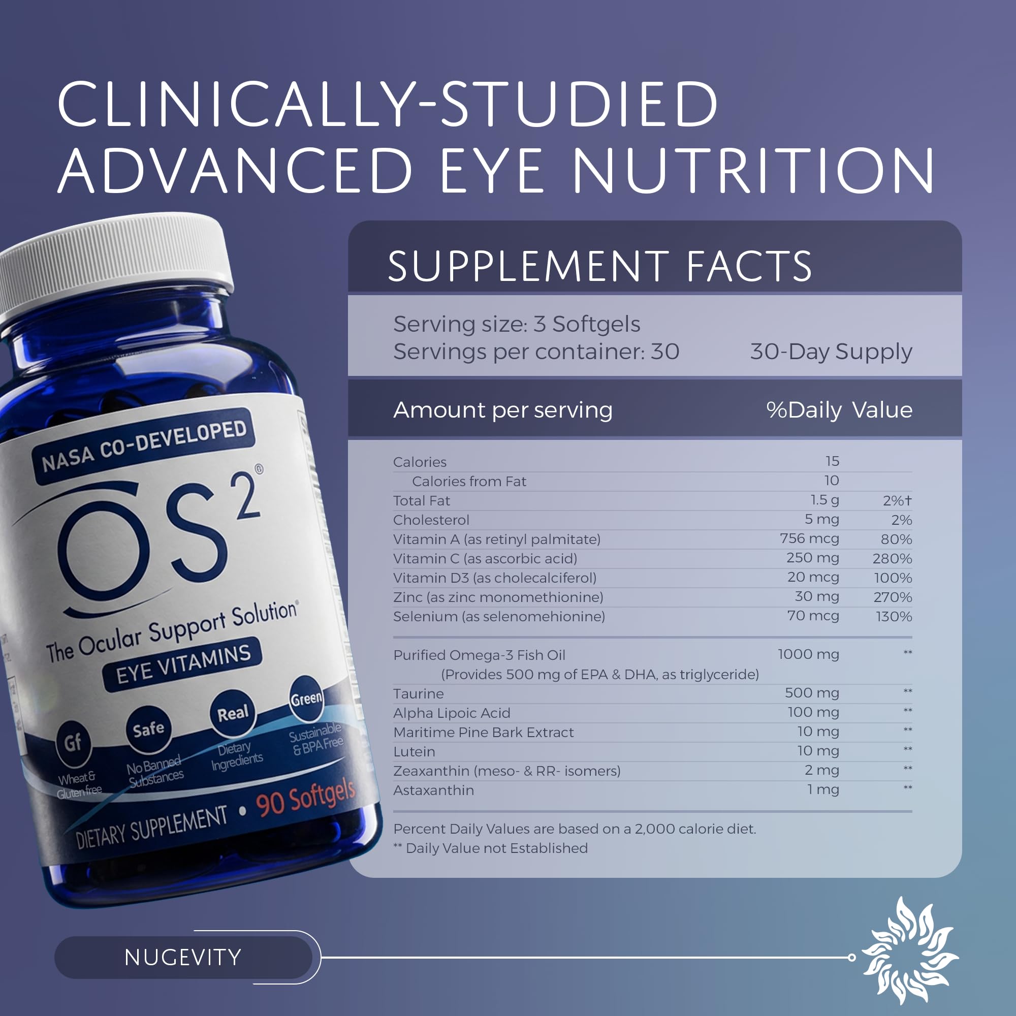 Nugevity OS2 Ocular Support Solution - Patented Eye Vitamins for Macular Health, Dry Eye and Blue Light - Lutein, Zeaxanthin, Omega 3, Astaxanthin and AREDS2 Supplements, Co-Developed by NASA, 90 ct - TrustMedUSA