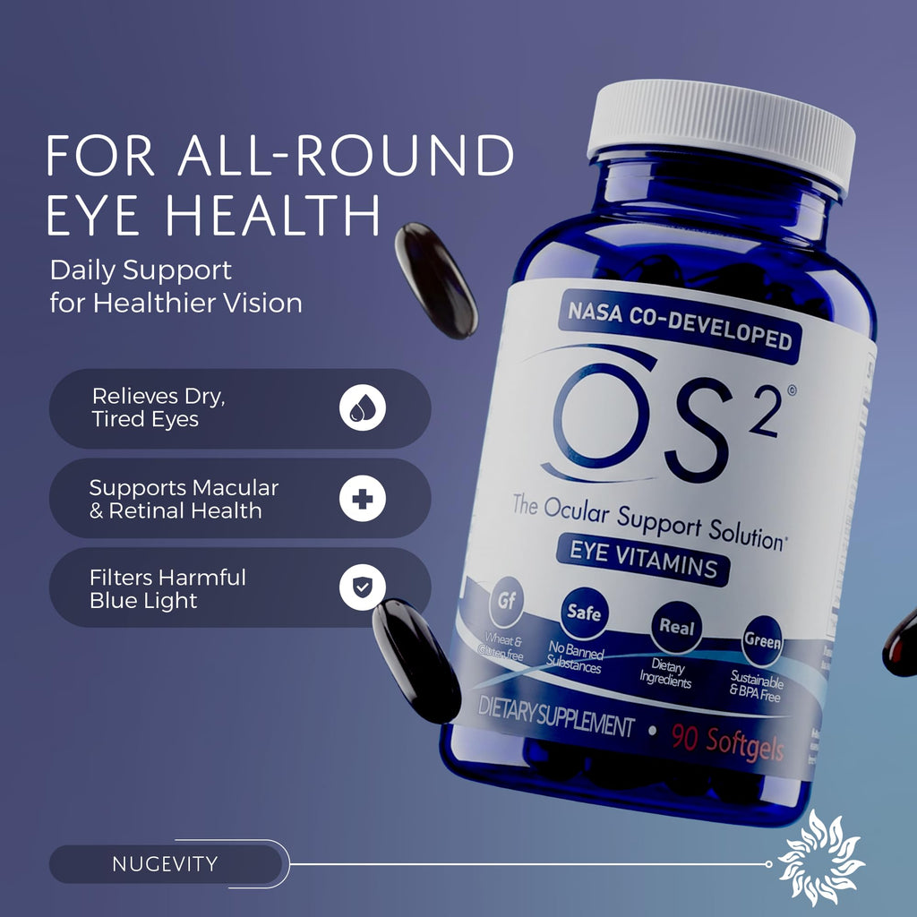 Nugevity OS2 Ocular Support Solution - Patented Eye Vitamins for Macular Health, Dry Eye and Blue Light - Lutein, Zeaxanthin, Omega 3, Astaxanthin and AREDS2 Supplements, Co-Developed by NASA, 90 ct - TrustMedUSA