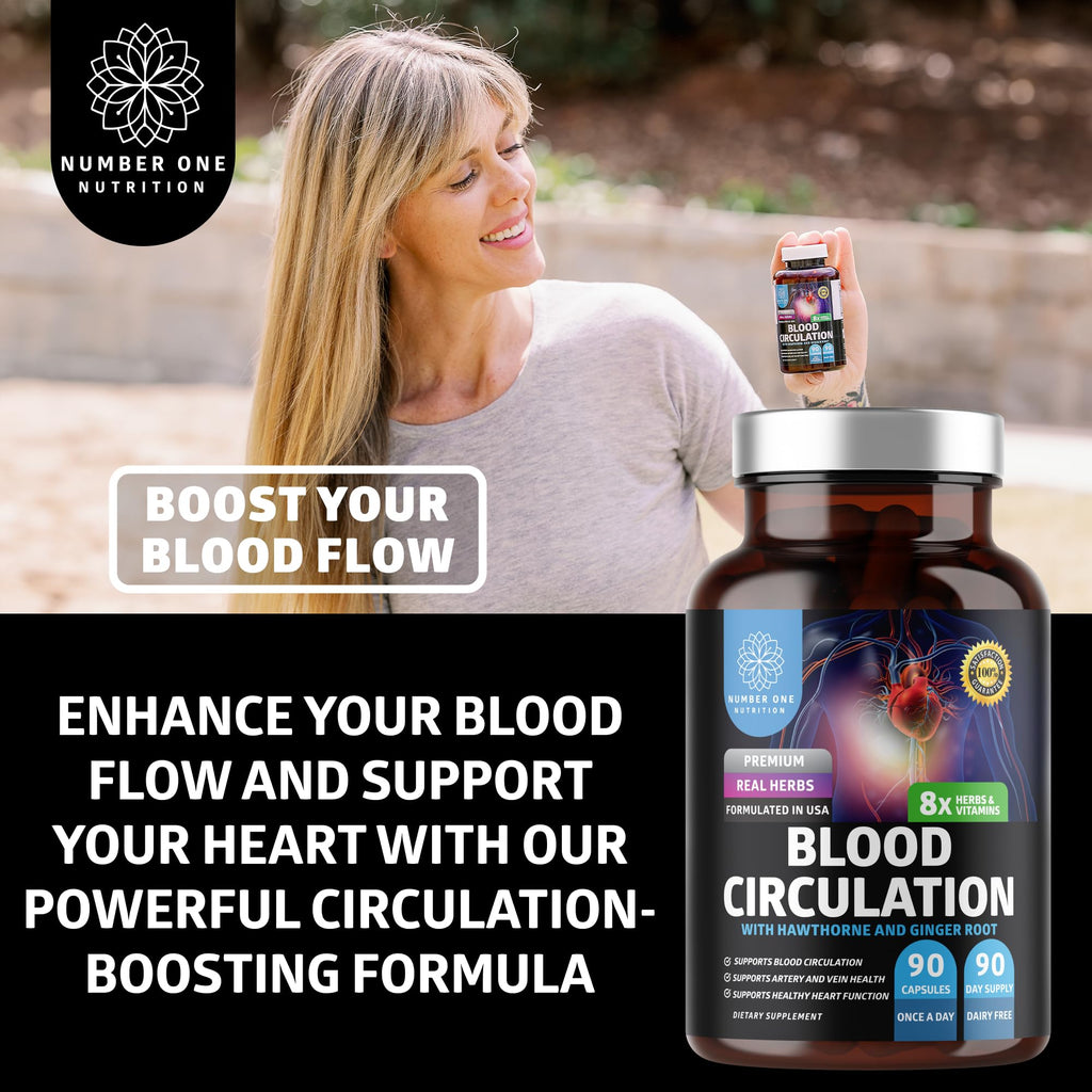 Number One Nutrition Premium Blood Circulation Supplement for Women and Men [8 Powerful Herbs & Vitamins] All Natural Blood Flow Supplement with Hawthorn, Butchers Broom and Cayenne Pepper, 90 Caps - TrustMedUSA