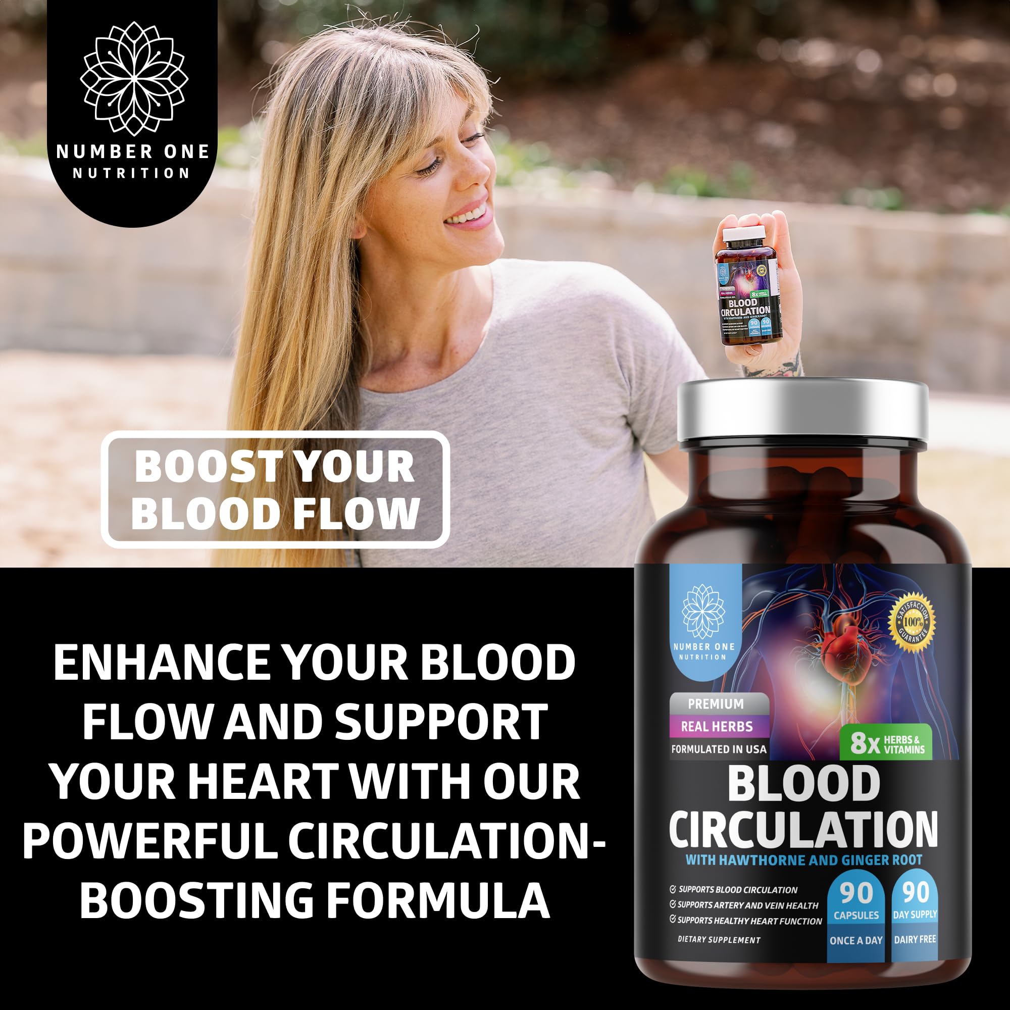 Number One Nutrition Premium Blood Circulation Supplement for Women and Men [8 Powerful Herbs & Vitamins] All Natural Blood Flow Supplement with Hawthorn, Butchers Broom and Cayenne Pepper, 90 Caps - TrustMedUSA