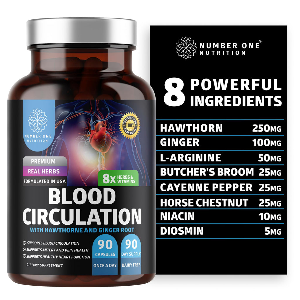 Number One Nutrition Premium Blood Circulation Supplement for Women and Men [8 Powerful Herbs & Vitamins] All Natural Blood Flow Supplement with Hawthorn, Butchers Broom and Cayenne Pepper, 90 Caps - TrustMedUSA