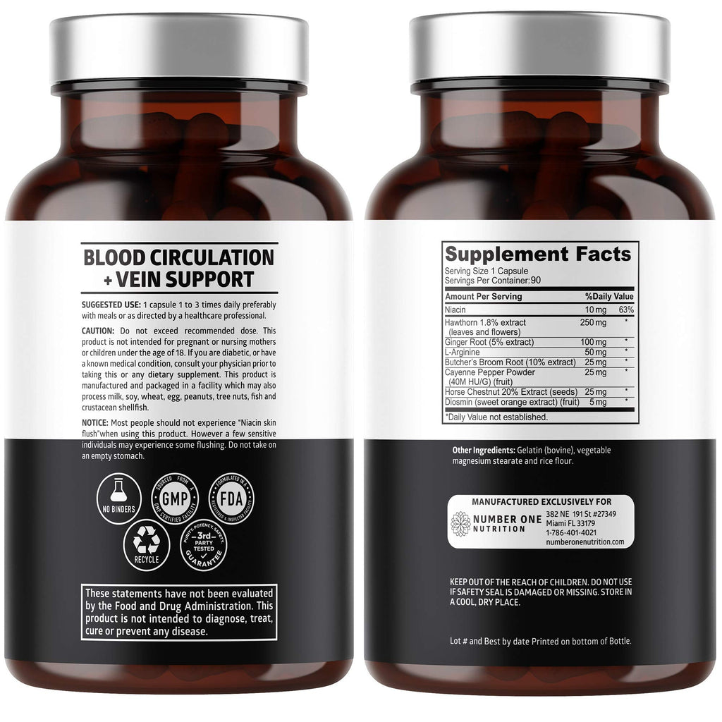 Number One Nutrition Premium Blood Circulation Supplement for Women and Men [8 Powerful Herbs & Vitamins] All Natural Blood Flow Supplement with Hawthorn, Butchers Broom and Cayenne Pepper, 90 Caps - TrustMedUSA