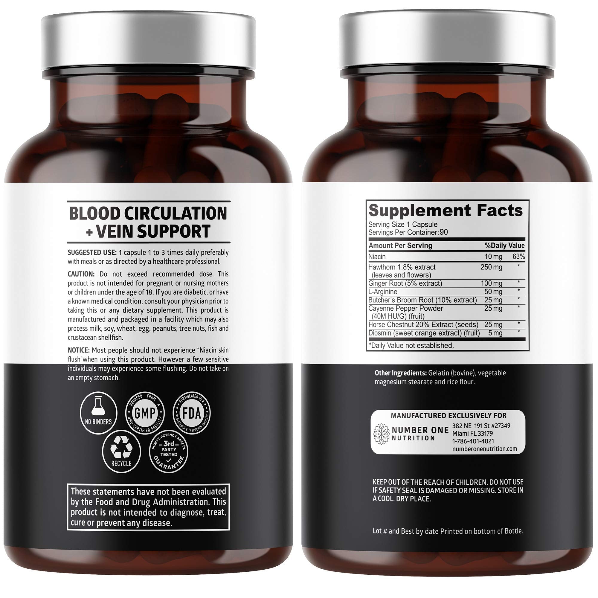 Number One Nutrition Premium Blood Circulation Supplement for Women and Men [8 Powerful Herbs & Vitamins] All Natural Blood Flow Supplement with Hawthorn, Butchers Broom and Cayenne Pepper, 90 Caps - TrustMedUSA