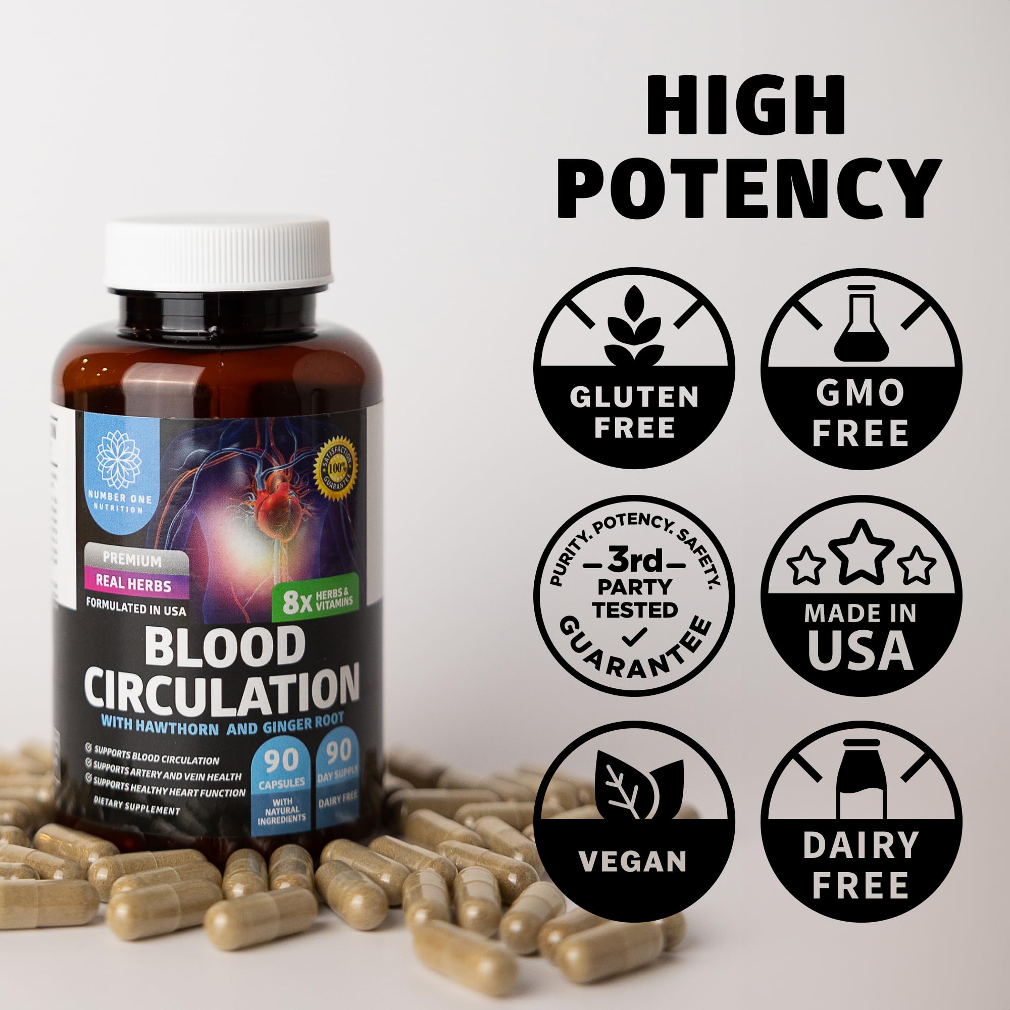 Number One Nutrition Premium Blood Circulation Supplement for Women and Men [8 Powerful Herbs & Vitamins] All Natural Blood Flow Supplement with Hawthorn, Butchers Broom and Cayenne Pepper, 90 Caps - TrustMedUSA