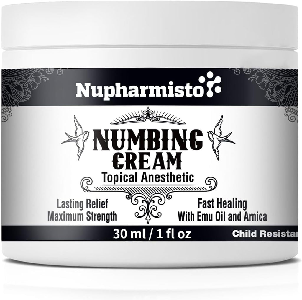 Nupharmisto Numbing Cream Maximum Strength : Long Lasting Numbing Cream with 5X Numbing - Emu Oil and Arnica 30 ml / 1 fl oz - TrustMedUSA