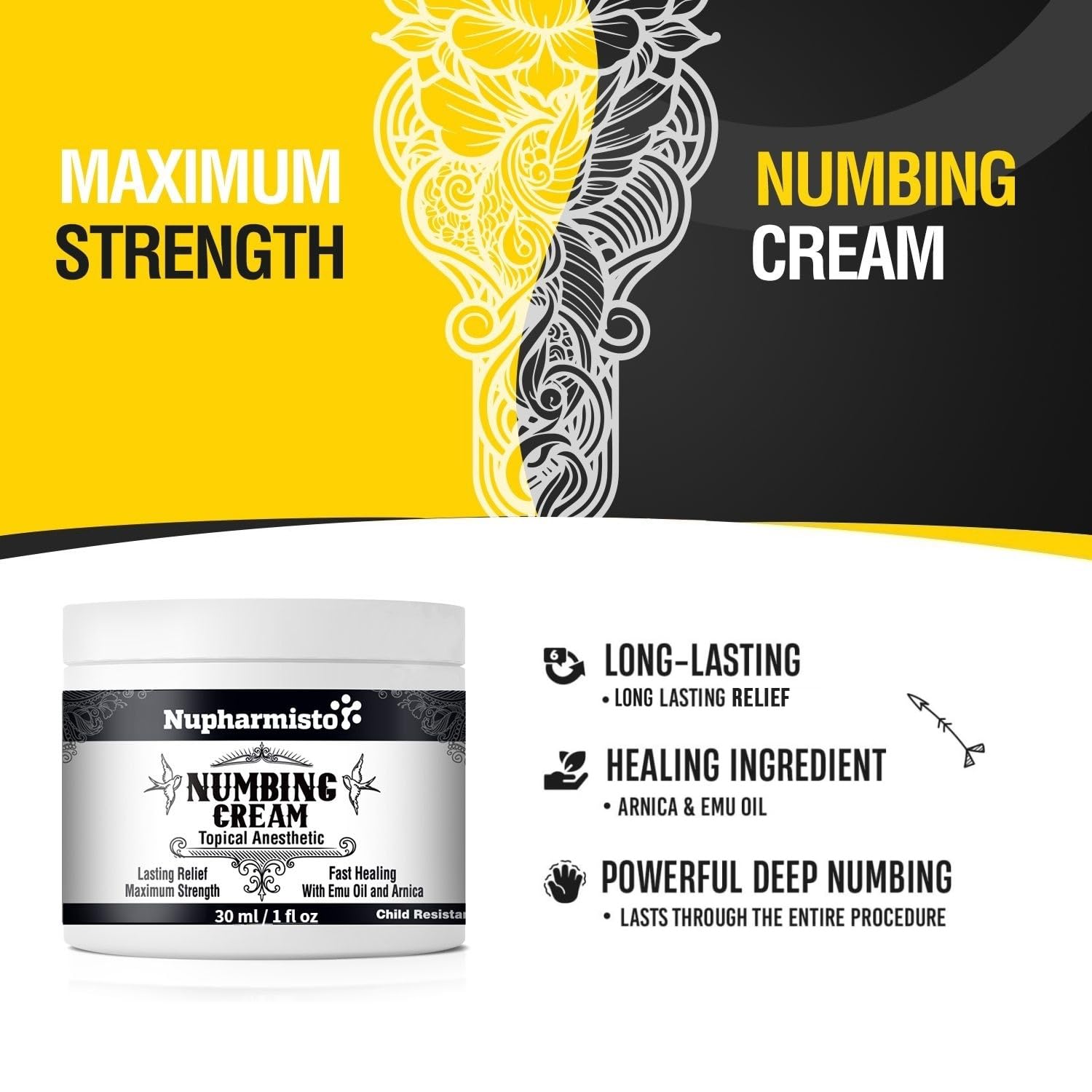 Nupharmisto Numbing Cream Maximum Strength : Long Lasting Numbing Cream with 5X Numbing - Emu Oil and Arnica 30 ml / 1 fl oz - TrustMedUSA