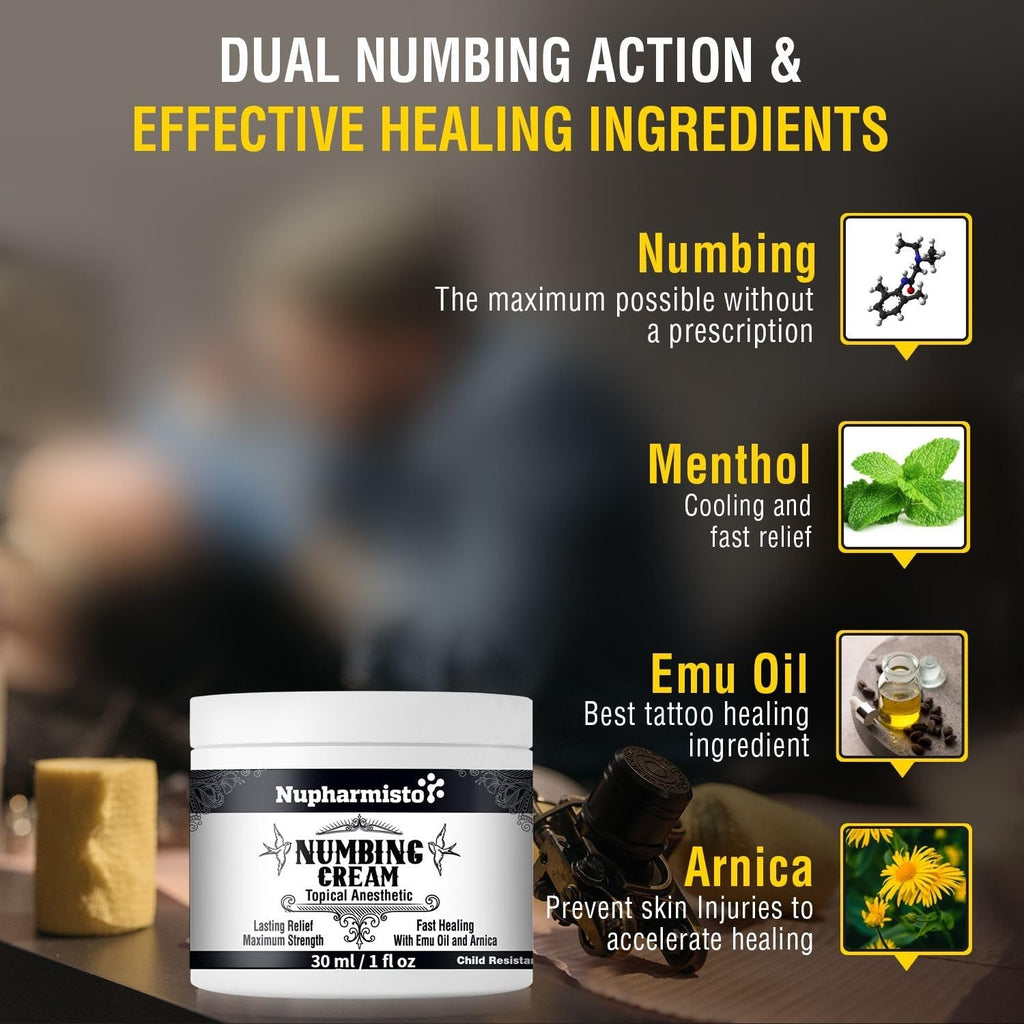 Nupharmisto Numbing Cream Maximum Strength : Long Lasting Numbing Cream with 5X Numbing - Emu Oil and Arnica 30 ml / 1 fl oz - TrustMedUSA