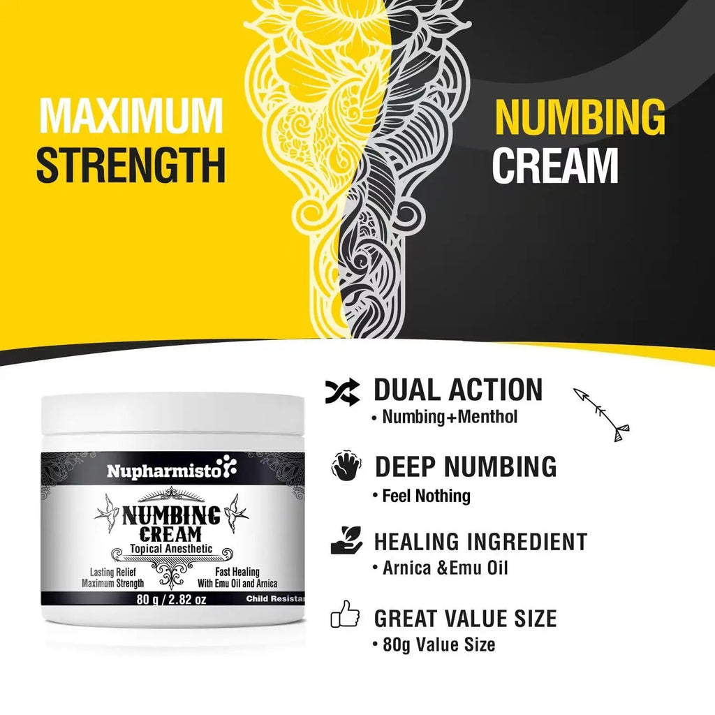 Nupharmisto Numbing Cream Maximum Strength : Long Lasting Numbing Cream with 5X Numbing - Emu Oil and Arnica 80 g / 2.82 oz - TrustMedUSA