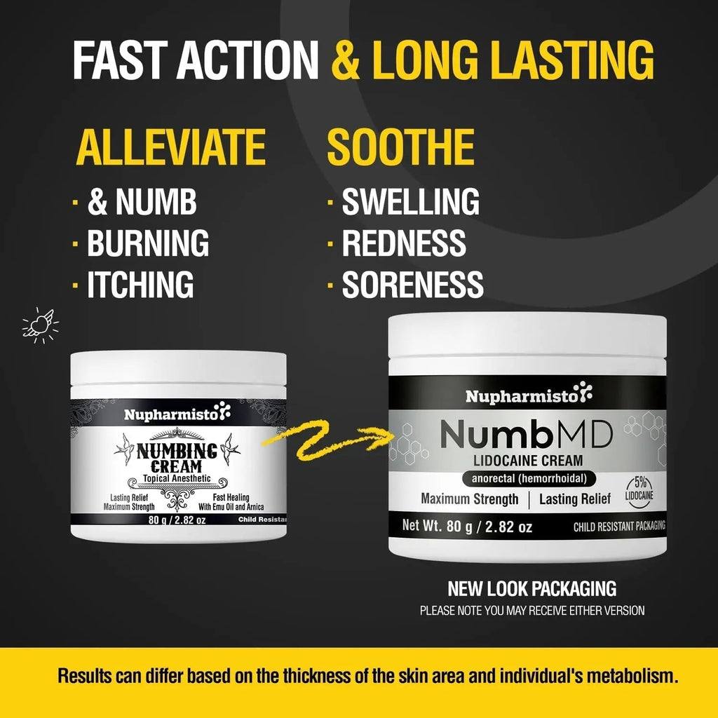 Nupharmisto Numbing Cream Maximum Strength : Long Lasting Numbing Cream with 5X Numbing - Emu Oil and Arnica 80 g / 2.82 oz - TrustMedUSA