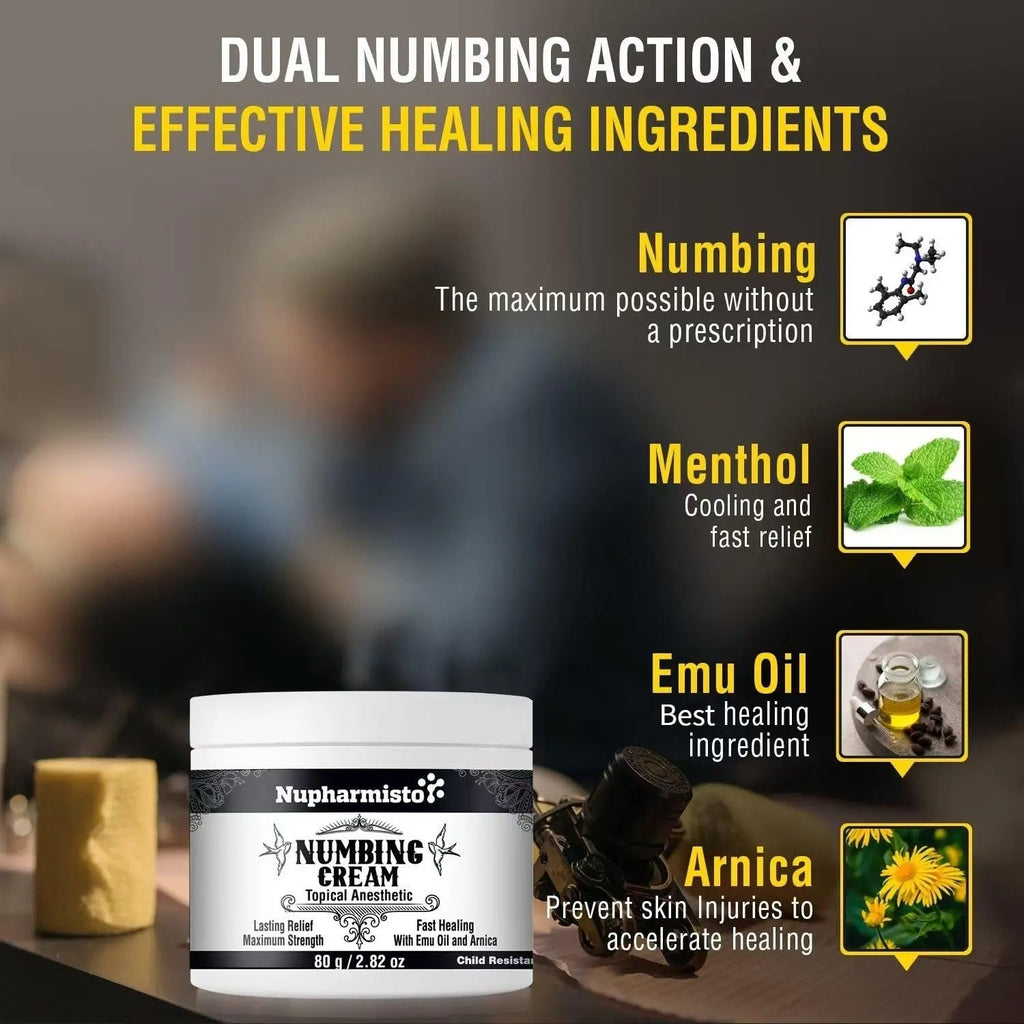 Nupharmisto Numbing Cream Maximum Strength : Long Lasting Numbing Cream with 5X Numbing - Emu Oil and Arnica 80 g / 2.82 oz - TrustMedUSA