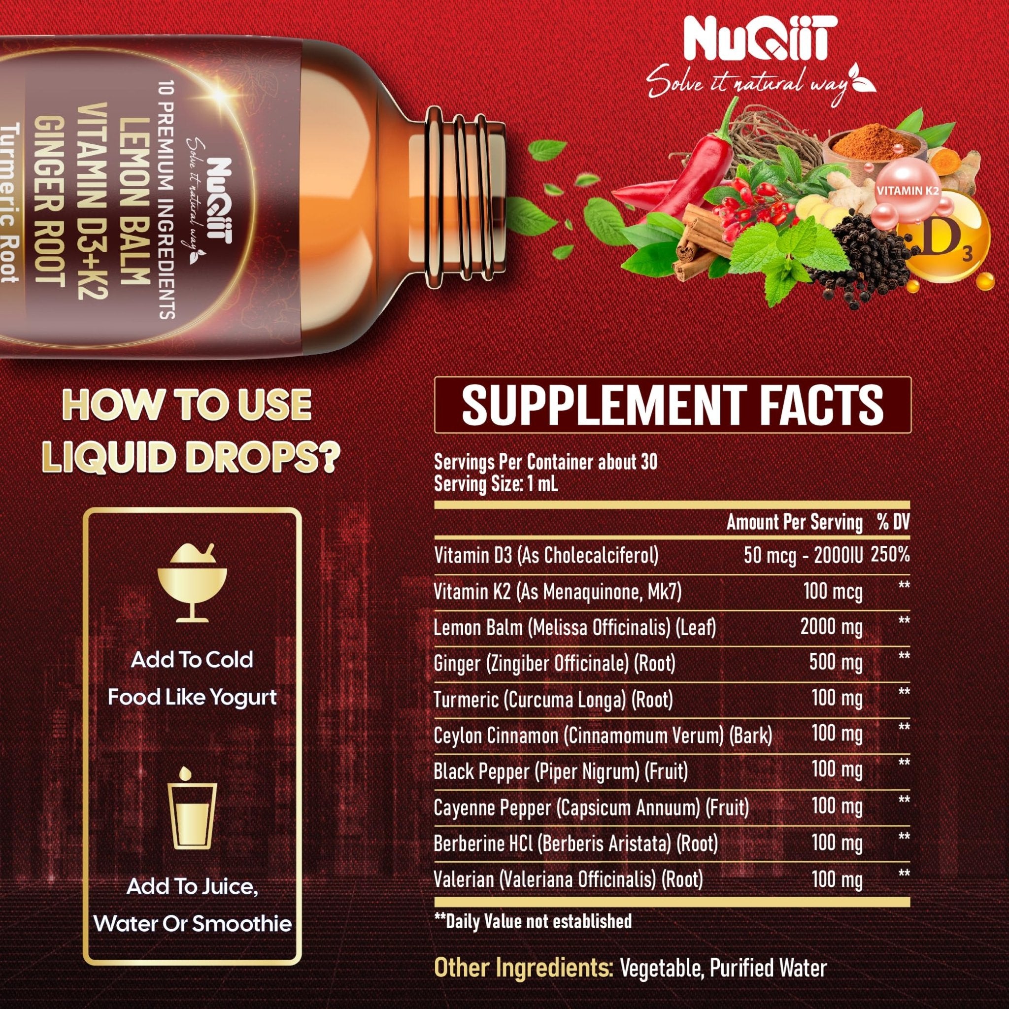 NUQIIT 10in1 Lemon Balm Tincture Blend Includes Vitamin D3, Vitamin K2, Lemon Balm, Ginger, Turmeric, Ceylon Cinnamon and More - 1 FL Oz - 60 Day Supply - TrustMedUSA