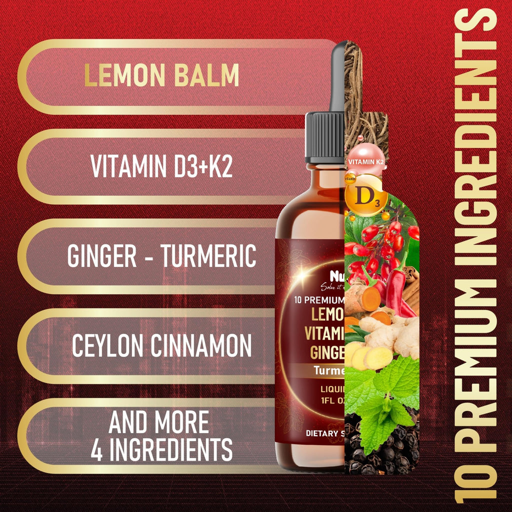 NUQIIT 10in1 Lemon Balm Tincture Blend Includes Vitamin D3, Vitamin K2, Lemon Balm, Ginger, Turmeric, Ceylon Cinnamon and More - 1 FL Oz - 60 Day Supply - TrustMedUSA