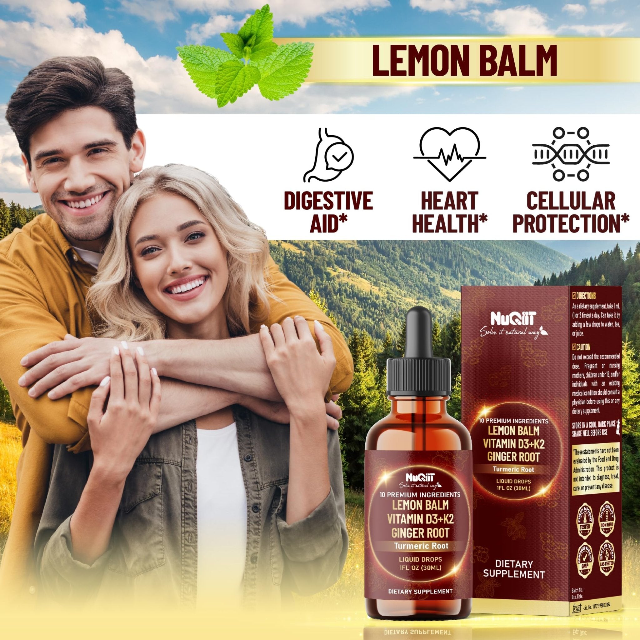 NUQIIT 10in1 Lemon Balm Tincture Blend Includes Vitamin D3, Vitamin K2, Lemon Balm, Ginger, Turmeric, Ceylon Cinnamon and More - 1 FL Oz - 60 Day Supply - TrustMedUSA