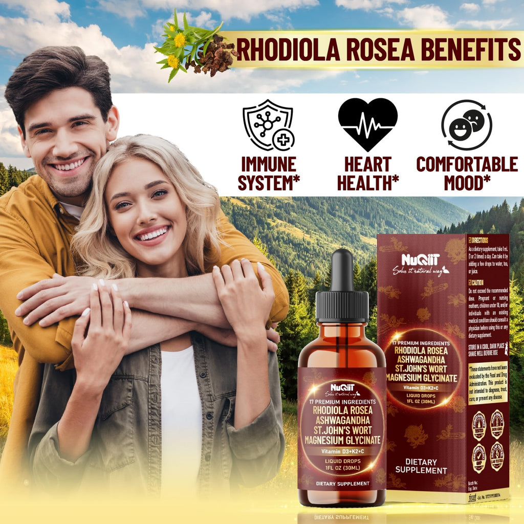 NUQIIT 17in1 Rhodiola Rosea Liquid Drops Tincture w/Ashwagandha Magnesium, L-Theanine. Ultra Rhodiola Cortisol Supplement, Rhodiola Root for Mood, Energy - 1 FL Oz - 60 Day Supply - TrustMedUSA