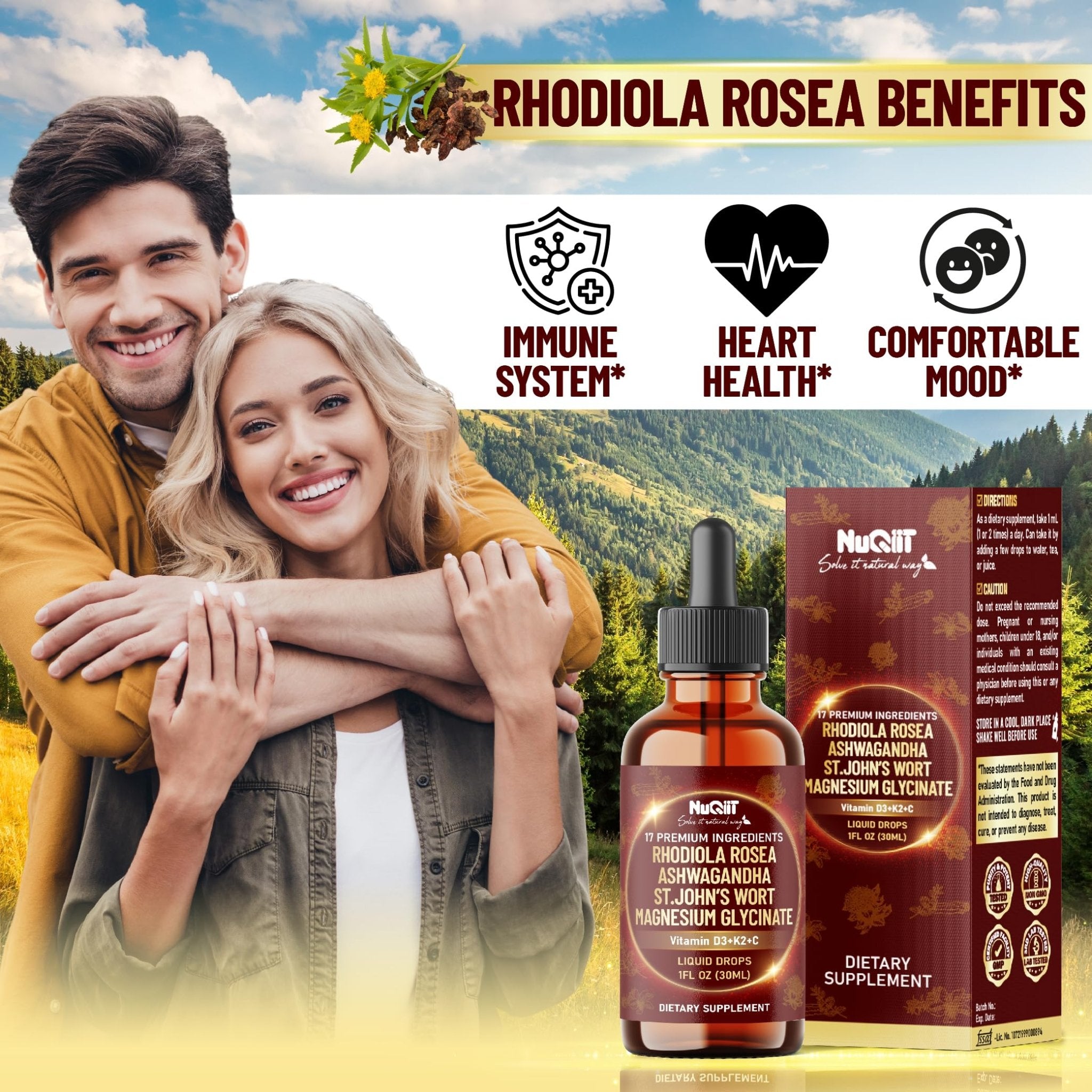 NUQIIT 17in1 Rhodiola Rosea Liquid Drops Tincture w/Ashwagandha Magnesium, L-Theanine. Ultra Rhodiola Cortisol Supplement, Rhodiola Root for Mood, Energy - 1 FL Oz - 60 Day Supply - TrustMedUSA