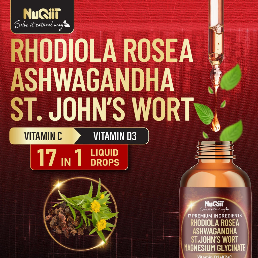 NUQIIT 17in1 Rhodiola Rosea Liquid Drops Tincture w/Ashwagandha Magnesium, L-Theanine. Ultra Rhodiola Cortisol Supplement, Rhodiola Root for Mood, Energy - 1 FL Oz - 60 Day Supply - TrustMedUSA