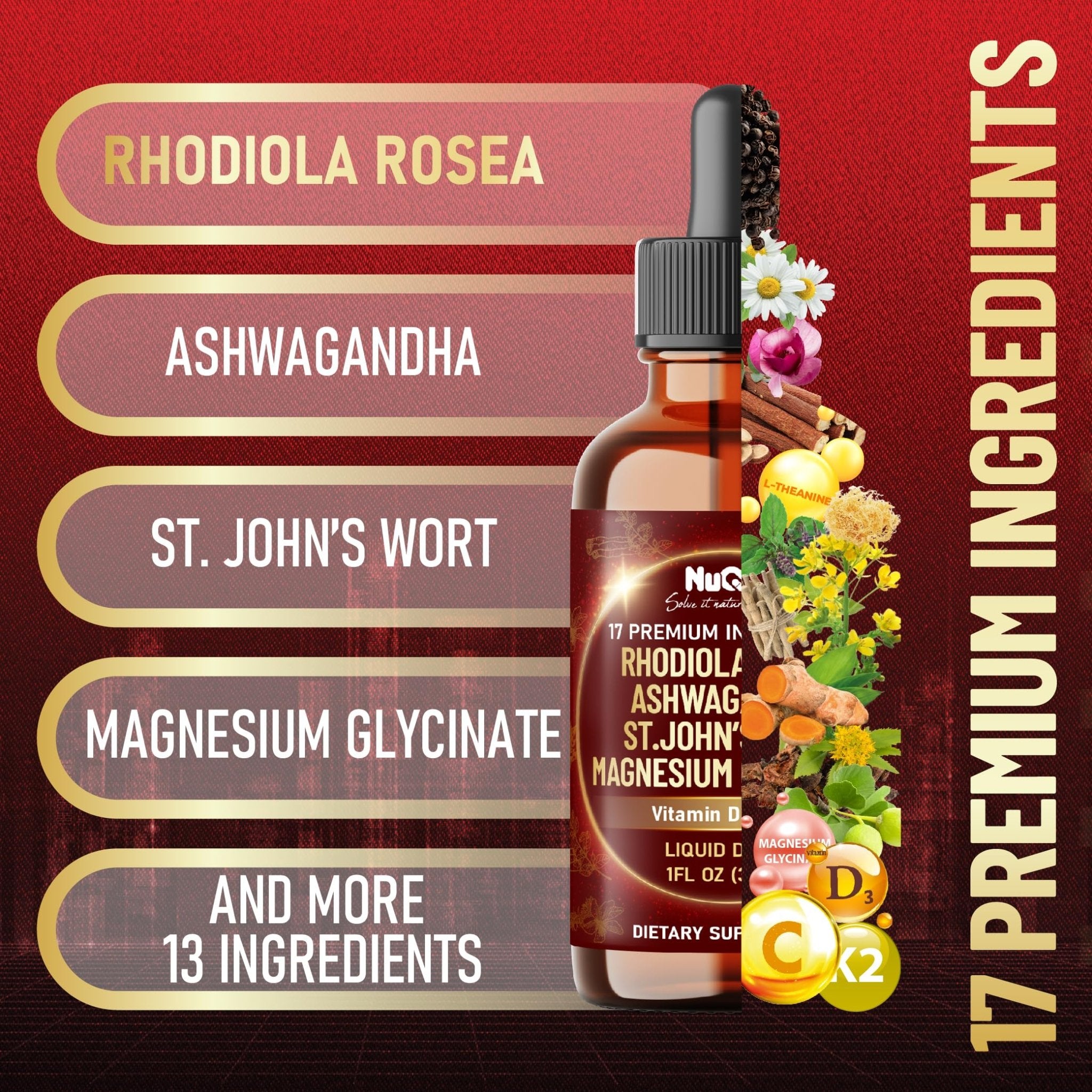 NUQIIT 17in1 Rhodiola Rosea Liquid Drops Tincture w/Ashwagandha Magnesium, L-Theanine. Ultra Rhodiola Cortisol Supplement, Rhodiola Root for Mood, Energy - 1 FL Oz - 60 Day Supply - TrustMedUSA