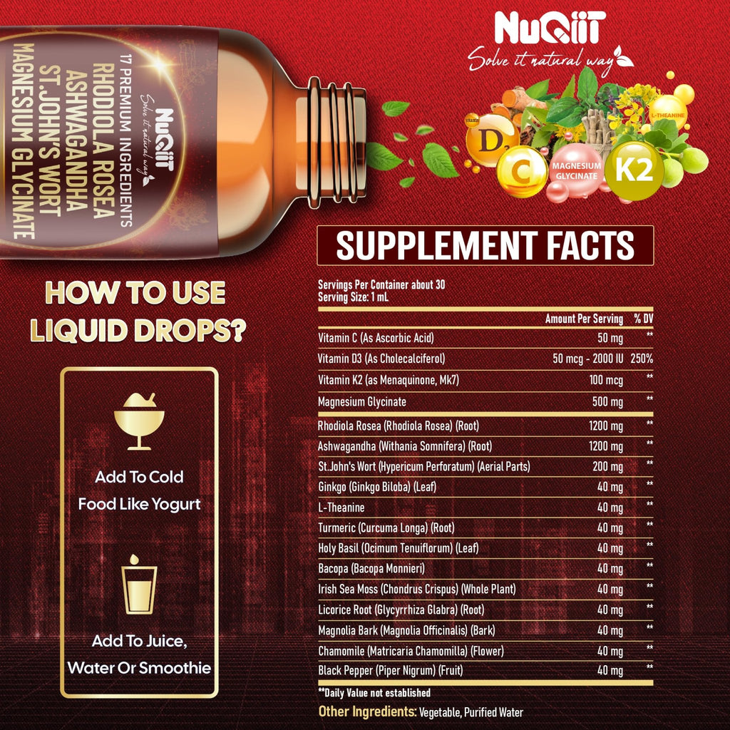 NUQIIT 17in1 Rhodiola Rosea Liquid Drops Tincture w/Ashwagandha Magnesium, L-Theanine. Ultra Rhodiola Cortisol Supplement, Rhodiola Root for Mood, Energy - 1 FL Oz - 60 Day Supply - TrustMedUSA