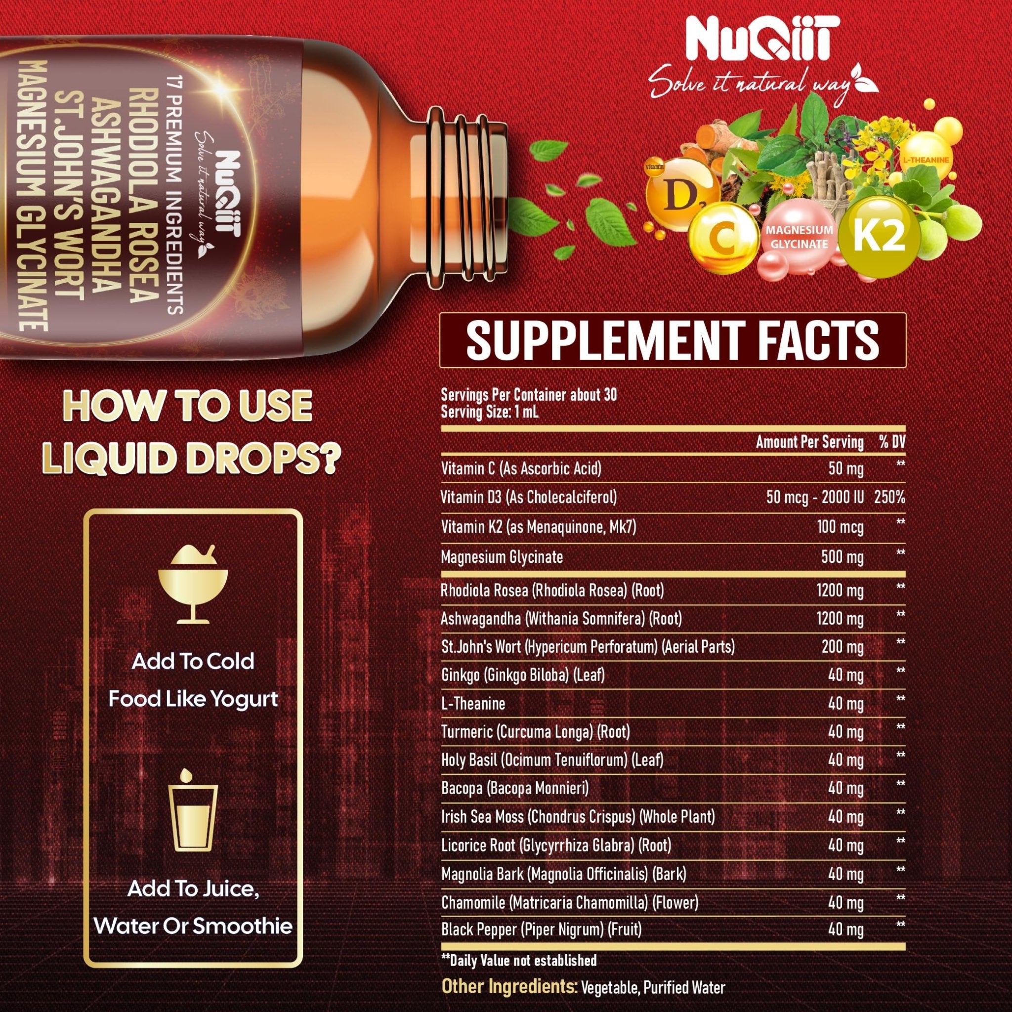 NUQIIT 17in1 Rhodiola Rosea Liquid Drops Tincture w/Ashwagandha Magnesium, L-Theanine. Ultra Rhodiola Cortisol Supplement, Rhodiola Root for Mood, Energy - 1 FL Oz - 60 Day Supply - TrustMedUSA
