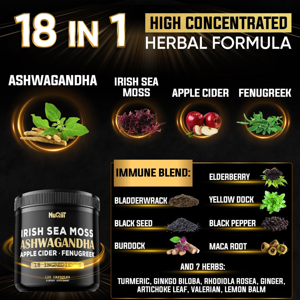 NUQIIT Organic Ashwangdha Capsules 15000mg Irish Sea Moss Apple Cider Vinegar & More - Support Brain Health, Strength & Immune System - 120 Vegan Capsules - TrustMedUSA