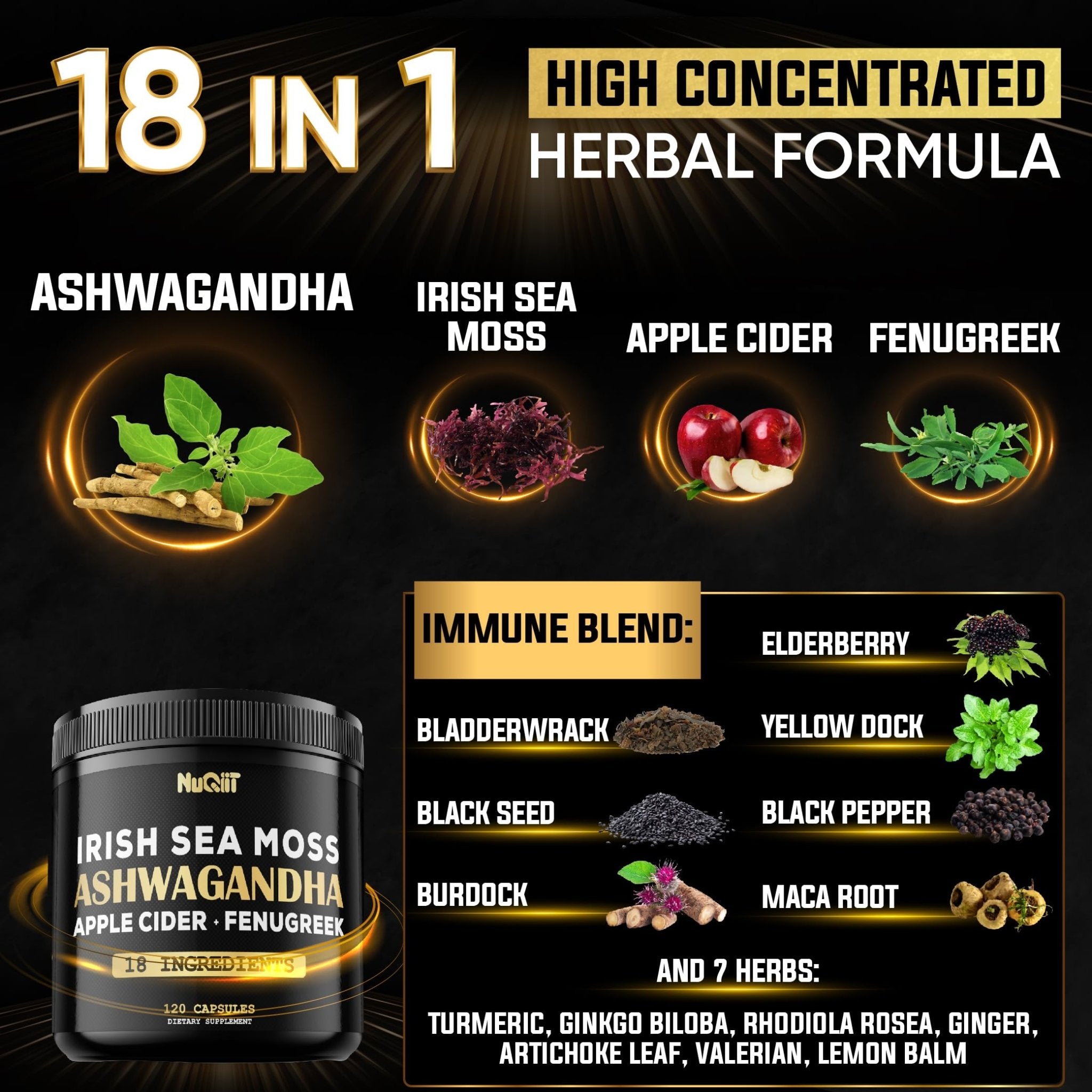 NUQIIT Organic Ashwangdha Capsules 15000mg Irish Sea Moss Apple Cider Vinegar & More - Support Brain Health, Strength & Immune System - 120 Vegan Capsules - TrustMedUSA