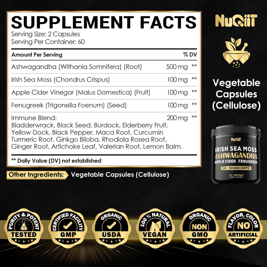 NUQIIT Organic Ashwangdha Capsules 15000mg Irish Sea Moss Apple Cider Vinegar & More - Support Brain Health, Strength & Immune System - 120 Vegan Capsules - TrustMedUSA