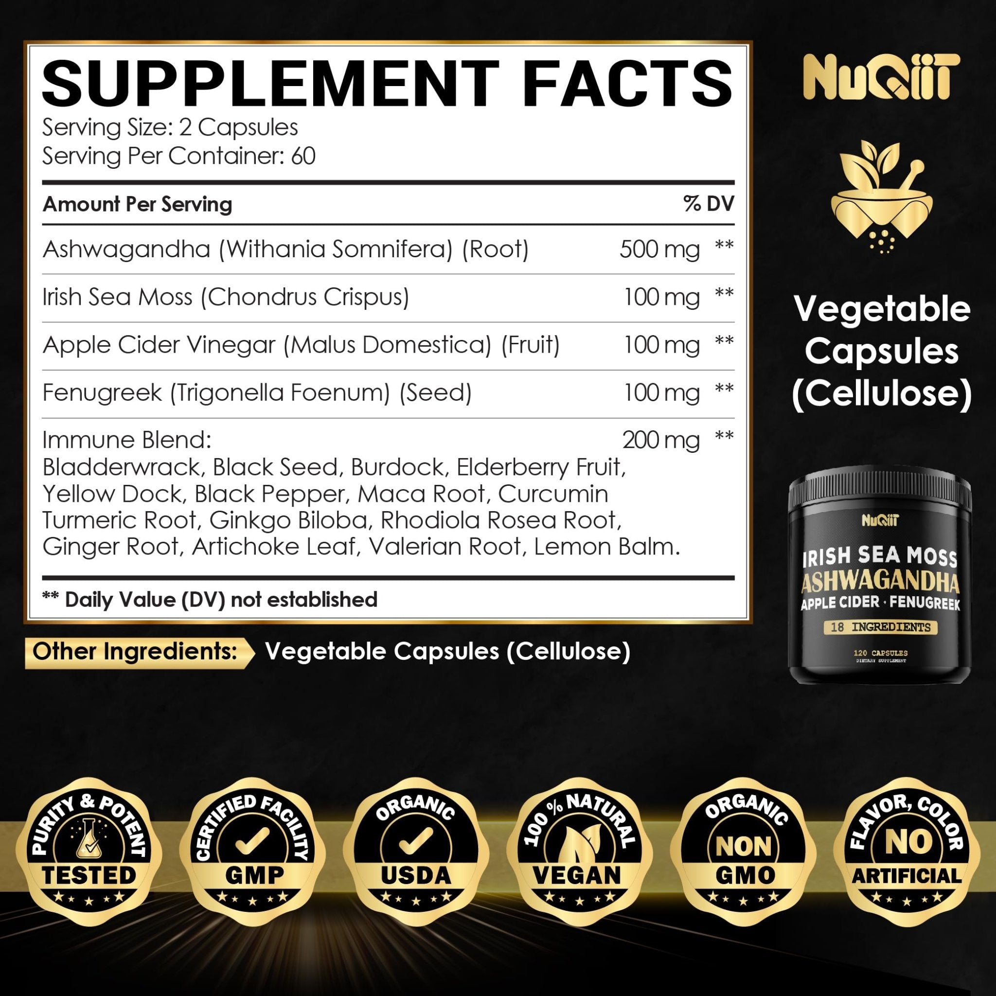 NUQIIT Organic Ashwangdha Capsules 15000mg Irish Sea Moss Apple Cider Vinegar & More - Support Brain Health, Strength & Immune System - 120 Vegan Capsules - TrustMedUSA