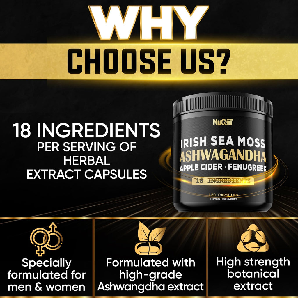 NUQIIT Organic Ashwangdha Capsules 15000mg Irish Sea Moss Apple Cider Vinegar & More - Support Brain Health, Strength & Immune System - 120 Vegan Capsules - TrustMedUSA