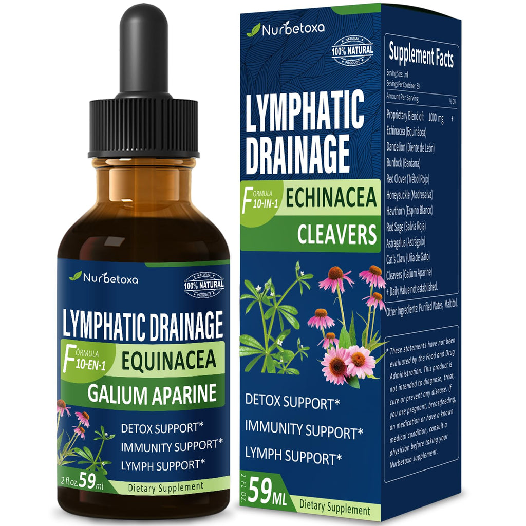 Nurbetoxa Cleavers Lymphatic Drainage Drops for Lymph System Detox Cleanse, Lymphedema Support Supplement Formula w/Echinacea, Cat’s Claw, Red Clover Extract Tincture, Use with Lymph Massage Tool. 2oz - Maple Wellness Supplements