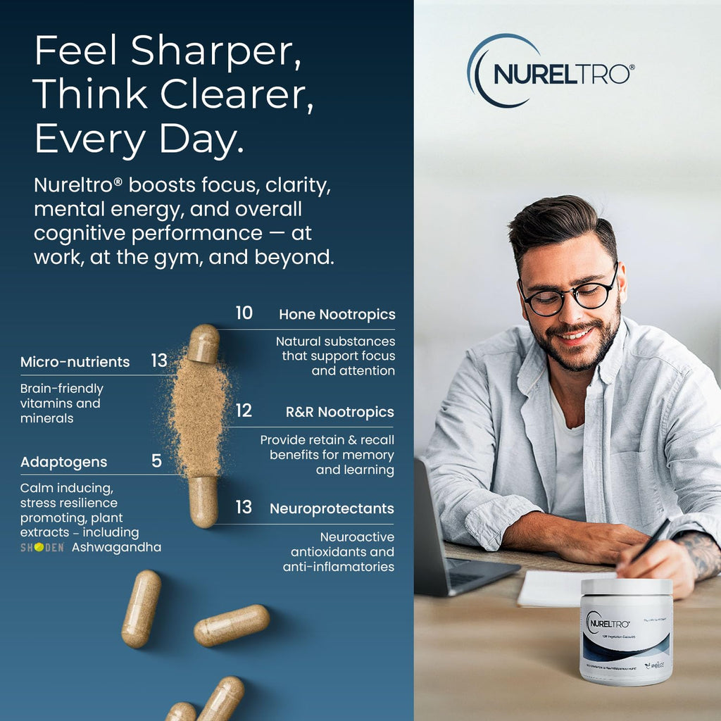 Nureltro All-in-One Nootropic Brain Supplement for Adults and Seniors w/Shoden® Ashwagandha | Supports Memory, Focus, Mood, Mental Clarity, and Brain Health - Caffeine-Free (120 Capsules) - TrustMedUSA