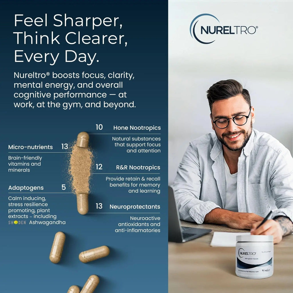 Nureltro All-in-One Nootropic Brain Supplement for Adults and Seniors w/Shoden® Ashwagandha | Supports Memory, Focus, Mood, Mental Clarity, and Brain Health - Caffeine-Free (120 Capsules) - TrustMedUSA