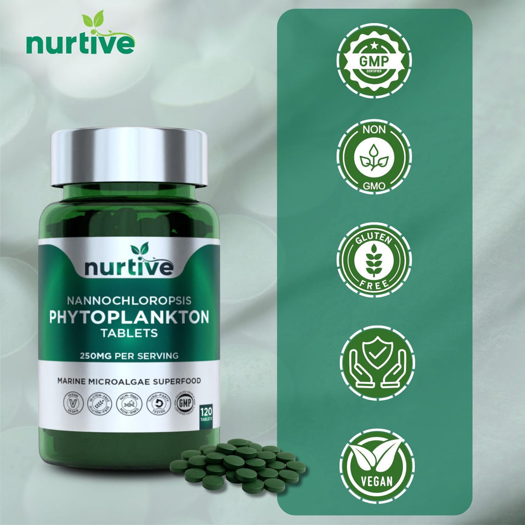 NURTIVE Nannochloropsis Phytoplankton Tablets – 250mg per Serving – Vegan, Gluten-Free, Non-GMO, No Fillers – Third-Party Tested, GMP Certified – 2 Tablets/Day for 2 Month, 120 Tablets/Bottle - TrustMedUSA
