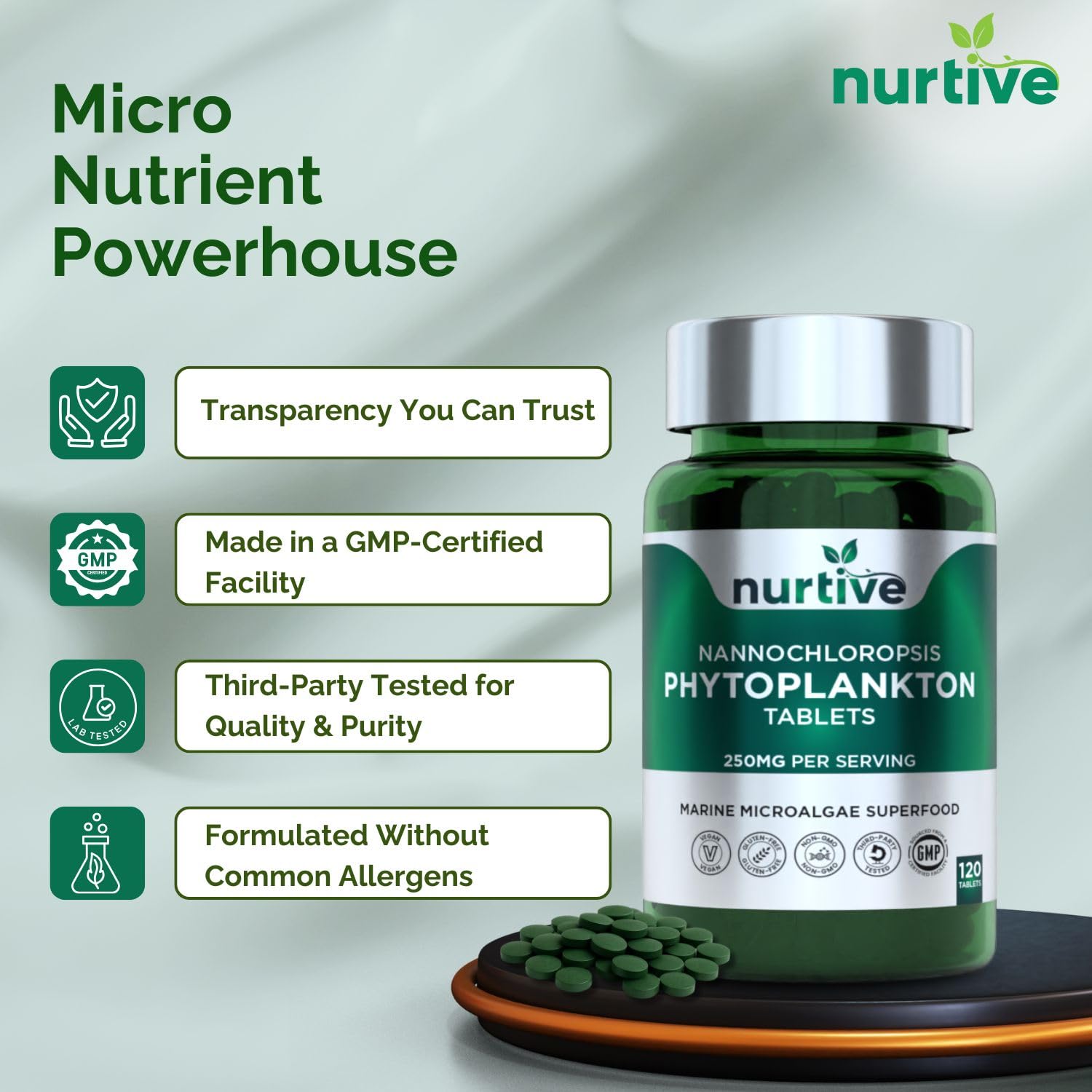 NURTIVE Nannochloropsis Phytoplankton Tablets – 250mg per Serving – Vegan, Gluten-Free, Non-GMO, No Fillers – Third-Party Tested, GMP Certified – 2 Tablets/Day for 2 Month, 120 Tablets/Bottle - TrustMedUSA