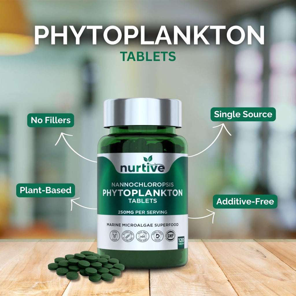 NURTIVE Nannochloropsis Phytoplankton Tablets – 250mg per Serving – Vegan, Gluten-Free, Non-GMO, No Fillers – Third-Party Tested, GMP Certified – 2 Tablets/Day for 2 Month, 120 Tablets/Bottle - TrustMedUSA